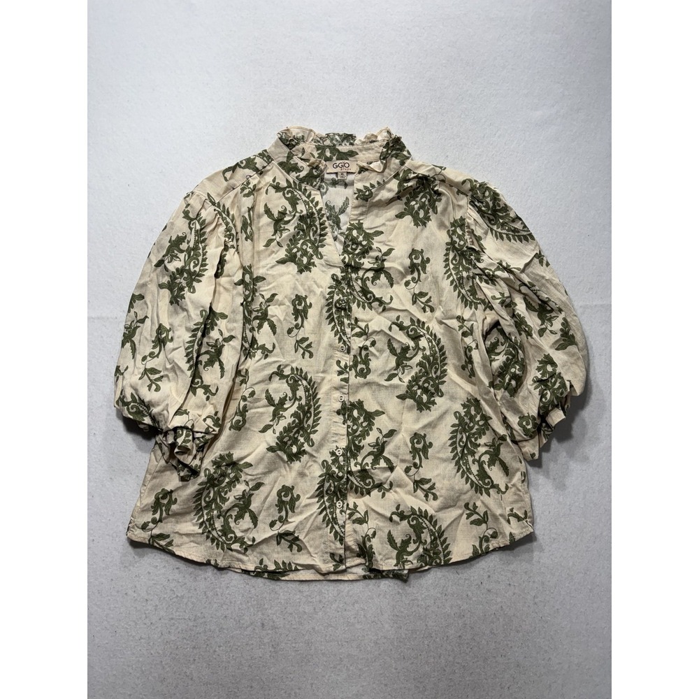 GiGiO Plus Blouse Womens XL Green Floral V Neck 3/4 Puff Sleeve Tunic PG2061